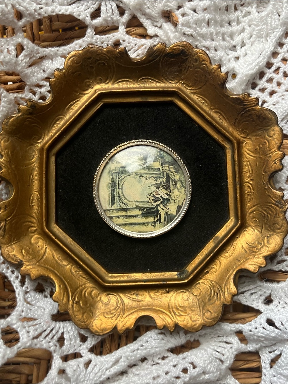 Vtg Mini Italian Empire Art Lithograph Exploring Roman Ruins Ornate Gold
Washed